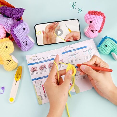 Crochetobe Crochet Kit for Beginners - 5 PCS Easy-Shaped Crochet Dinosaurs, Complete Crochet Kits Include Detailed Instructions and Video Tutorials, Beginner Crochet Kit for Adults(Patent Product) in Kuwait