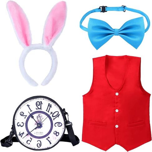 Keymall Kids Easter White Rabbit Costume Accessory Kit 4 Pcs Bunny Ear Headband Vest Bowtie Clock Props For Easter Halloween in Saudi Arabia