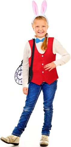Keymall Kids Easter White Rabbit Costume Accessory Kit 4 Pcs Bunny Ear Headband Vest Bowtie Clock Props For Easter Halloween in Saudi Arabia