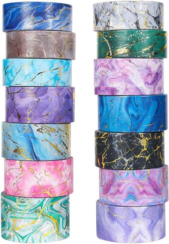 مجموعة أشرطة واشي رخامية من إيبورن - 14 لفة بعرض 15/20/25 مم أشرطة إخفاء تزيينية ملونة من رقائق الذهب لتدوين الرصاصات، والحرف اليدوية اليدوية، ومستلزمات سجل القصاصات، وتغليف الهدايا in Kuwait