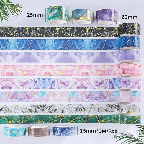 مجموعة أشرطة واشي رخامية من إيبورن - 14 لفة بعرض 15/20/25 مم أشرطة إخفاء تزيينية ملونة من رقائق الذهب لتدوين الرصاصات، والحرف اليدوية اليدوية، ومستلزمات سجل القصاصات، وتغليف الهدايا in Kuwait