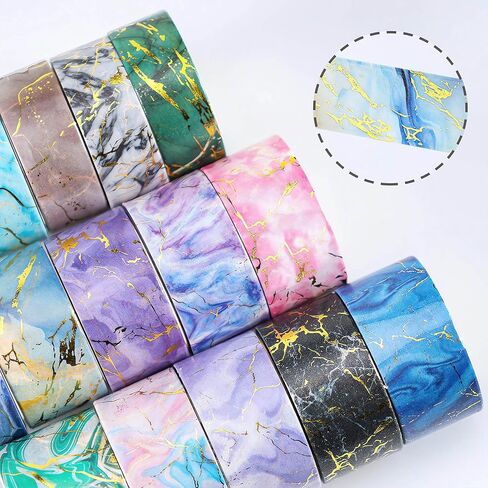 مجموعة أشرطة واشي رخامية من إيبورن - 14 لفة بعرض 15/20/25 مم أشرطة إخفاء تزيينية ملونة من رقائق الذهب لتدوين الرصاصات، والحرف اليدوية اليدوية، ومستلزمات سجل القصاصات، وتغليف الهدايا in Kuwait