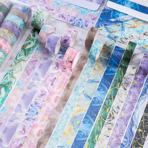 مجموعة أشرطة واشي رخامية من إيبورن - 14 لفة بعرض 15/20/25 مم أشرطة إخفاء تزيينية ملونة من رقائق الذهب لتدوين الرصاصات، والحرف اليدوية اليدوية، ومستلزمات سجل القصاصات، وتغليف الهدايا in Kuwait