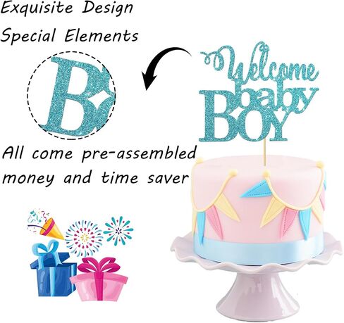 Blue Glitter Welcome Baby Boy Cake Topper - Baby Shower Party Decorations - Baby Boy First Birthday Party Decorations - Gender Reveal for Baby Boy Party Decorations in Saudi Arabia