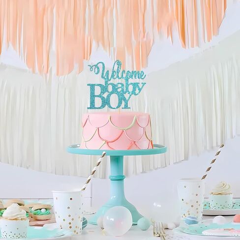 Blue Glitter Welcome Baby Boy Cake Topper - Baby Shower Party Decorations - Baby Boy First Birthday Party Decorations - Gender Reveal for Baby Boy Party Decorations in Saudi Arabia