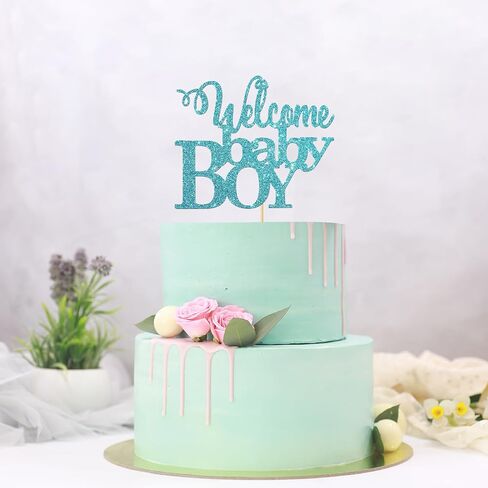 Blue Glitter Welcome Baby Boy Cake Topper - Baby Shower Party Decorations - Baby Boy First Birthday Party Decorations - Gender Reveal for Baby Boy Party Decorations in Saudi Arabia