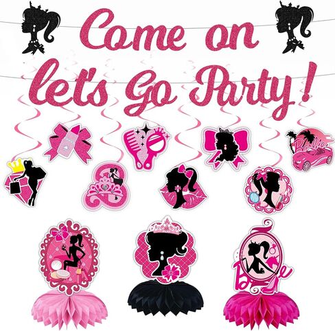 Pink Girl Birthday Decorations Cartoon Pink Girl Princess Party Decorations Banner Hanging Swirls and Honeycomb Centerpieces for Kids and Girls Happy Birthday Banners in Saudi Arabia