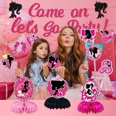 Pink Girl Birthday Decorations Cartoon Pink Girl Princess Party Decorations Banner Hanging Swirls and Honeycomb Centerpieces for Kids and Girls Happy Birthday Banners in Saudi Arabia