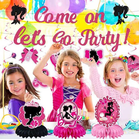 Pink Girl Birthday Decorations Cartoon Pink Girl Princess Party Decorations Banner Hanging Swirls and Honeycomb Centerpieces for Kids and Girls Happy Birthday Banners in Saudi Arabia