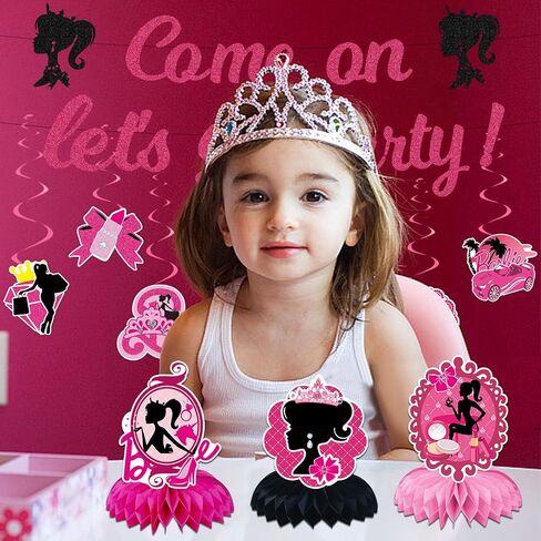 Pink Girl Birthday Decorations Cartoon Pink Girl Princess Party Decorations Banner Hanging Swirls and Honeycomb Centerpieces for Kids and Girls Happy Birthday Banners in Saudi Arabia