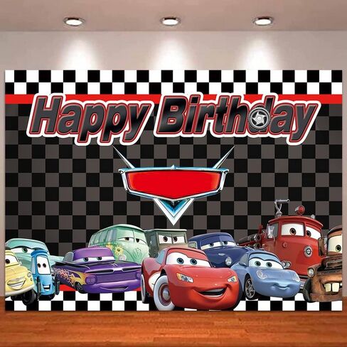 Car Racing for Children Boys Birthday Party Supplies Cartoon Car Story Black White Grid Flag Backgrounds for Photography Birthday Party Banner 7x5ft in Kuwait