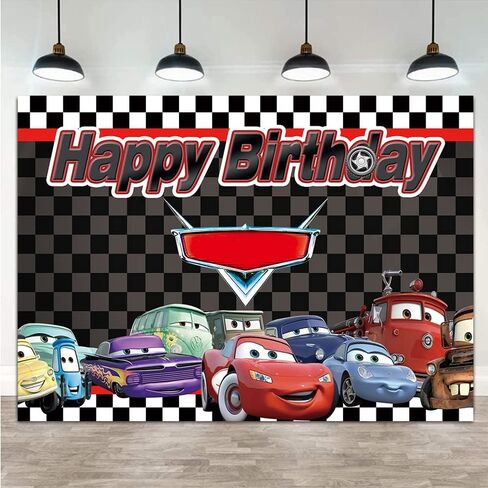 Car Racing for Children Boys Birthday Party Supplies Cartoon Car Story Black White Grid Flag Backgrounds for Photography Birthday Party Banner 7x5ft in Kuwait