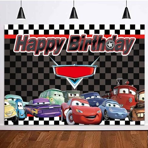 Car Racing for Children Boys Birthday Party Supplies Cartoon Car Story Black White Grid Flag Backgrounds for Photography Birthday Party Banner 7x5ft in Kuwait