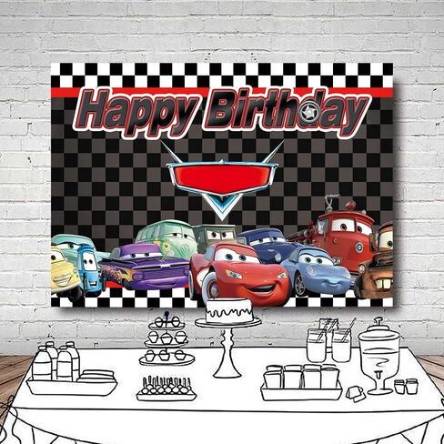 Car Racing for Children Boys Birthday Party Supplies Cartoon Car Story Black White Grid Flag Backgrounds for Photography Birthday Party Banner 7x5ft in Kuwait