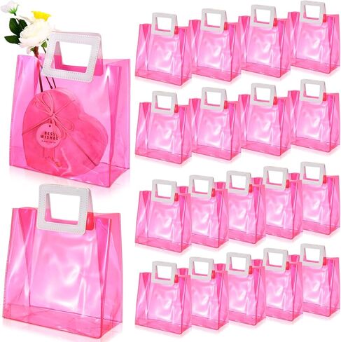 Paterr 20 Pcs Clear Reusable Gift Bags Wedding Wrap Tote Bag with Handles 7.9 x 8.3 x 3.9 Inch PVC Holographic Gift Favor Bags for Bridal Party Birthday Shower Mother's Day(Pink) in Kuwait
