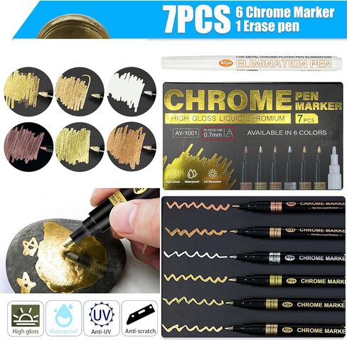 6 Colors Liquid Chrome Paint Pen Markers,Metallic Art Paint Marker Pen for Any Surfac for Plastic Glass Rock Ceramic With Marker Clear pen in Saudi Arabia