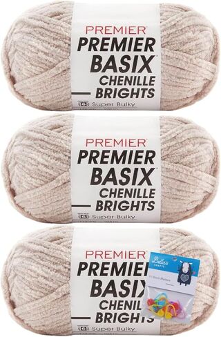 Premier Yarns Basix Chenille Brights Yarn - 5.3 Oz - #6 Super Bulky Weight - 3 Pack Bundle with Bella's Crafts Stitch Markers (Black) in Kuwait