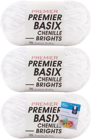 Premier Yarns Basix Chenille Brights Yarn - 5.3 Oz - #6 Super Bulky Weight - 3 Pack Bundle with Bella's Crafts Stitch Markers (Black) in Kuwait