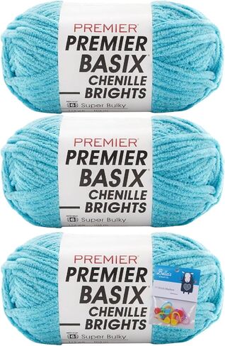 خيوط Premier Yarns Basix Chenille Brights - 5.3 أونصة - #6 وزن ضخم للغاية - حزمة من 3 قطع مع علامات غرز Bella's Crafts (الفطر) in Kuwait