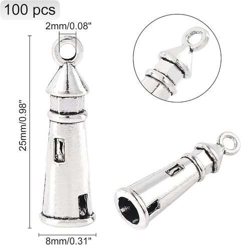 CHGCRAFT About 100pcs Tibetan Style Zinc Alloy Pendants Lighthouse Shaped Charms Antique Silver Color Pendant for DIY Jewelry Making 25x8mm, Hole 2mm in Saudi Arabia