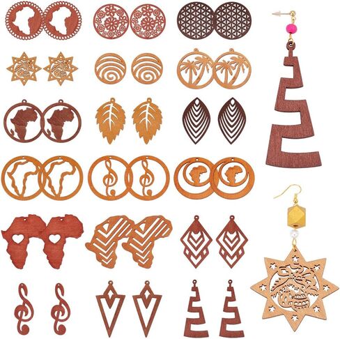 بي اتش باندا هول 36 قطعة من الدلايات الخشبية المجوفة غير المكتملة بـ 18 نمط مفرغ، دلاية خشبية مثلثة على شكل ورقة شجر مجوفة، قطع خشبية فارغة مجوفة لصنع المجوهرات والقلائد والحلقان بنفسك in Kuwait