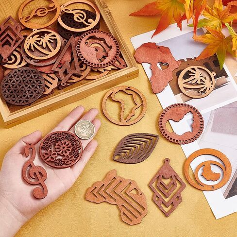 بي اتش باندا هول 36 قطعة من الدلايات الخشبية المجوفة غير المكتملة بـ 18 نمط مفرغ، دلاية خشبية مثلثة على شكل ورقة شجر مجوفة، قطع خشبية فارغة مجوفة لصنع المجوهرات والقلائد والحلقان بنفسك in Kuwait