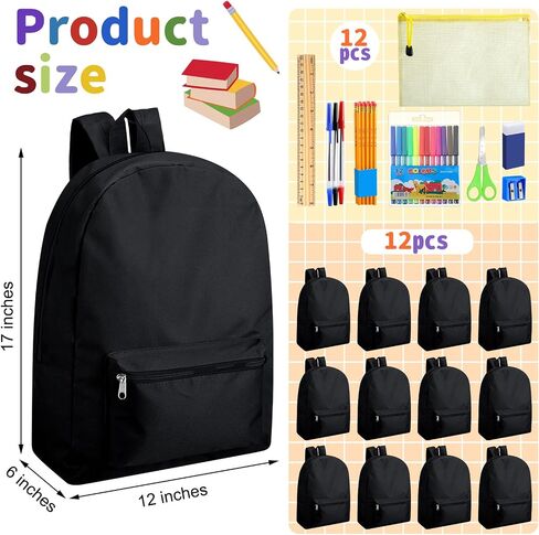 Silkfly 12 Pcs 17" Backpacks with 144 Pcs School Supplies Kits Includes Markers Scissors Rulers Sharpeners Ballpoint Pens Erasers Pencil Cases Pencils for Elementary Middle High School (Black) in Saudi Arabia