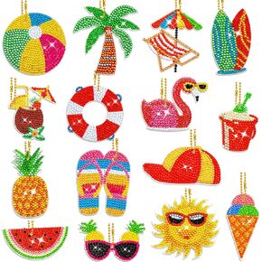 ffniu 15 حزمة سلسلة المفاتيح اللوحة الماس الصيف، الحلي الفن الماس، سلاسل المفاتيح اللوحة الماس 5D، مظلة هاواي، قلادة حفر فلامنغو لديكور سحر الهاتف حلقة رئيسية DIY in Kuwait