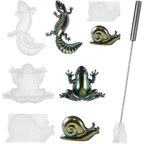 جويبي 4 قطع من قوالب راتنج الايبوكسي على شكل حيوانات، مجموعة قوالب سيليكون على شكل حيوانات الزواحف مع خلاط الراتنج، قوالب حيوانات ثلاثية الابعاد نابضة بالحياة للضفادع والسحلية والحلزون والحرف اليدوية in Kuwait