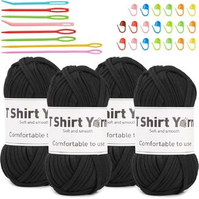 4 Pack T-Shirt Yarn Set, 131 Yards Flat Crochet Yarn Soild Color Crocheting Yarn with Knitted Plastic Eye Needles for Summer Hand DIY Crocheting Projects 14.11oz/400g (Brown Color)
