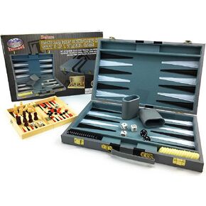 Matty's Toy Stop Deluxe 15" Backgammon Briefcase (Vinyl Gray Attache) with 3-in-1 Chess, Checkers & Backgammon Wooden Travel Games Set (8") in Kuwait