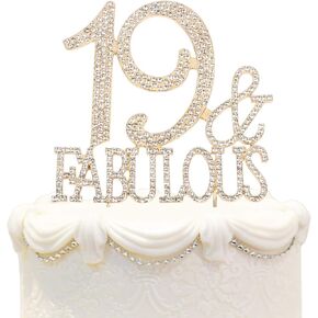 Hatcher lee Fabulous and 19 Cake Topper 19 Years Birthday 19th Wedding Anniversary Gold Crystal Rhinestone Party Decoration （Gold）