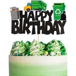 1 PCS Trash Cans Happy Birthday Cake Topper Garbage Truck Cake Pick Decoration for Trash Waste Management Recycling Theme Baby Shower Kids Boys Girls Birthday Party Cake Decorations Supplies