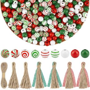 200 Pcs Christmas Wooden Beads Xmas DIY Craft Wood Bead Star Print Snow Print Red Wood Green Gold 16mm Round Beads for Christmas Garland Jewelry Making Party Home Tree Decoration with Rope and Tassels