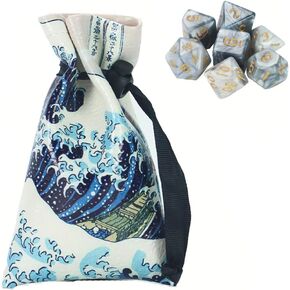 QIELIZI DND Dice Bag Pouch,PU Leather Dragon Dice Pouch Wih 7 Die Set Perfect for Dungeons and Dragons RPG D&D Dices, Coins and Accessories(Huge Wave)