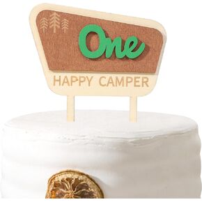 Wood One Happy Camper Cake Topper - Wild One Birthday Party Decorations, Camping Woodland Theme 1st Birthday Cake Decor, Wooden Wild One Cake Topper, One Happy Camper Birthday