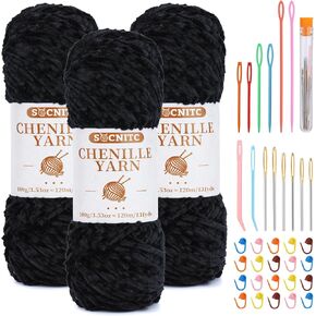 Chenille Yarn, Yarn for Crocheting, 3 * 3.5oz Soft Chenille Yarn, Blanket Yarn for Crocheting with Big Eye Needles, Velvet Yarn for Crochet for Weaving Blanket DIY Craft (Black)