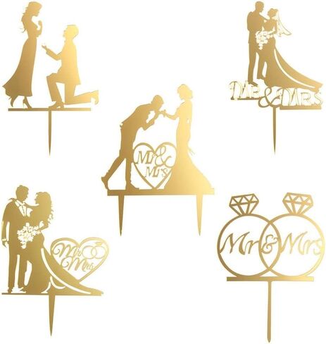 HomeSoGood 5Pcs Wedding Cake Topper Bride Groom Mr Mrs Wedding Decorations Acrylic Gold Cake Toppers Marriage Party Supplies Adult Favors(6.3inch,Gold) in Saudi Arabia