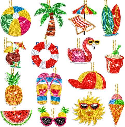 ffniu 15 حزمة سلسلة المفاتيح اللوحة الماس الصيف، الحلي الفن الماس، سلاسل المفاتيح اللوحة الماس 5D، مظلة هاواي، قلادة حفر فلامنغو لديكور سحر الهاتف حلقة رئيسية DIY in Kuwait