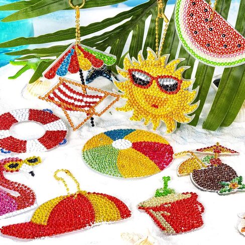 ffniu 15 حزمة سلسلة المفاتيح اللوحة الماس الصيف، الحلي الفن الماس، سلاسل المفاتيح اللوحة الماس 5D، مظلة هاواي، قلادة حفر فلامنغو لديكور سحر الهاتف حلقة رئيسية DIY in Kuwait