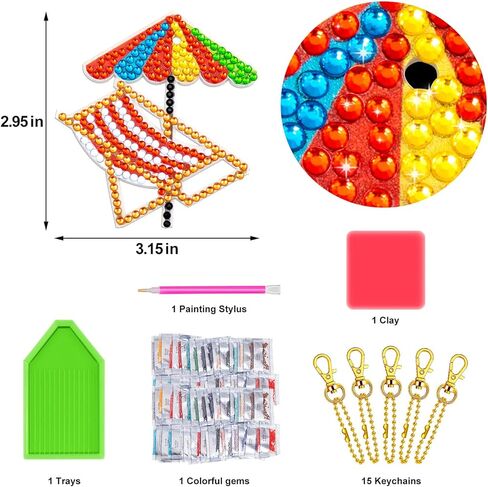 ffniu 15 حزمة سلسلة المفاتيح اللوحة الماس الصيف، الحلي الفن الماس، سلاسل المفاتيح اللوحة الماس 5D، مظلة هاواي، قلادة حفر فلامنغو لديكور سحر الهاتف حلقة رئيسية DIY in Kuwait