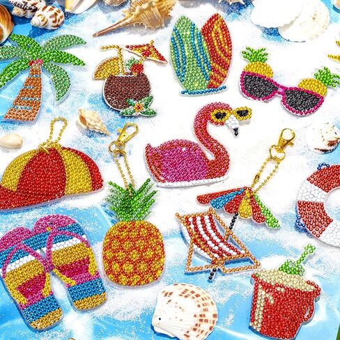 ffniu 15 حزمة سلسلة المفاتيح اللوحة الماس الصيف، الحلي الفن الماس، سلاسل المفاتيح اللوحة الماس 5D، مظلة هاواي، قلادة حفر فلامنغو لديكور سحر الهاتف حلقة رئيسية DIY in Kuwait