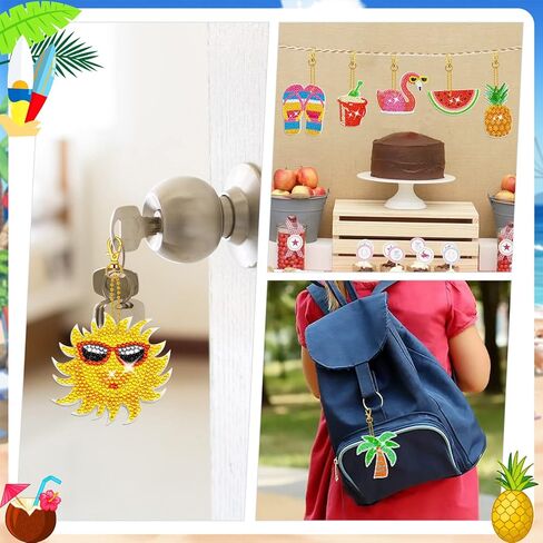 ffniu 15 حزمة سلسلة المفاتيح اللوحة الماس الصيف، الحلي الفن الماس، سلاسل المفاتيح اللوحة الماس 5D، مظلة هاواي، قلادة حفر فلامنغو لديكور سحر الهاتف حلقة رئيسية DIY in Kuwait