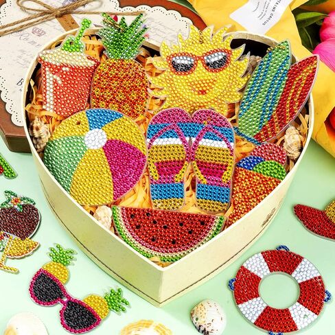 ffniu 15 حزمة سلسلة المفاتيح اللوحة الماس الصيف، الحلي الفن الماس، سلاسل المفاتيح اللوحة الماس 5D، مظلة هاواي، قلادة حفر فلامنغو لديكور سحر الهاتف حلقة رئيسية DIY in Kuwait