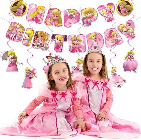 زينة عيد ميلاد الاميرة الخوخية، لافتة زينة لحفلات الاميرة الخوخ ومستلزمات الحفلات بتصميم دوامات معلقة، لافتة عيد ميلاد سعيد للاطفال in Kuwait