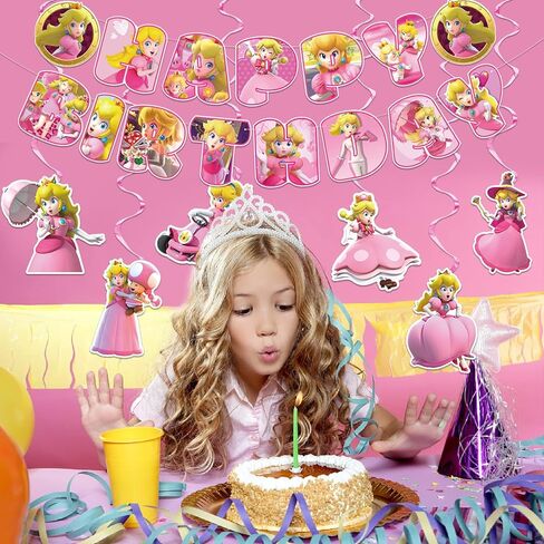 زينة عيد ميلاد الاميرة الخوخية، لافتة زينة لحفلات الاميرة الخوخ ومستلزمات الحفلات بتصميم دوامات معلقة، لافتة عيد ميلاد سعيد للاطفال in Kuwait