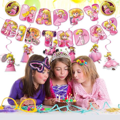 زينة عيد ميلاد الاميرة الخوخية، لافتة زينة لحفلات الاميرة الخوخ ومستلزمات الحفلات بتصميم دوامات معلقة، لافتة عيد ميلاد سعيد للاطفال in Kuwait