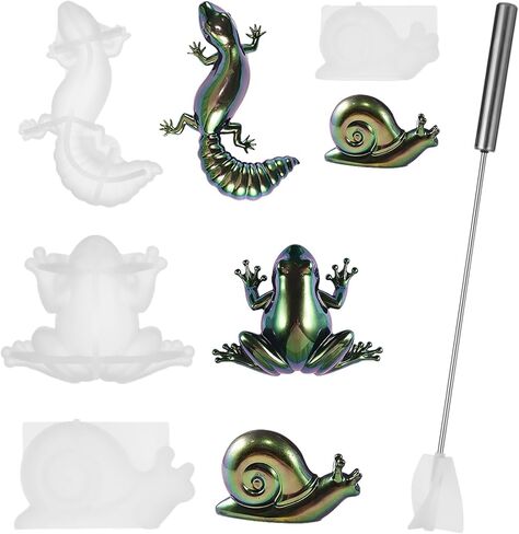 جويبي 4 قطع من قوالب راتنج الايبوكسي على شكل حيوانات، مجموعة قوالب سيليكون على شكل حيوانات الزواحف مع خلاط الراتنج، قوالب حيوانات ثلاثية الابعاد نابضة بالحياة للضفادع والسحلية والحلزون والحرف اليدوية in Kuwait
