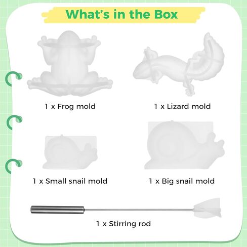 جويبي 4 قطع من قوالب راتنج الايبوكسي على شكل حيوانات، مجموعة قوالب سيليكون على شكل حيوانات الزواحف مع خلاط الراتنج، قوالب حيوانات ثلاثية الابعاد نابضة بالحياة للضفادع والسحلية والحلزون والحرف اليدوية in Kuwait