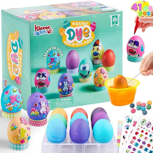 Klever 41 Pcs Easter Egg Decorating DIY Kit with Dye Tablets and Easter Stickers, Coloring Dyeing Set for Kids Easter Theme Party, Egg Hunt Creativity Activity in Kuwait